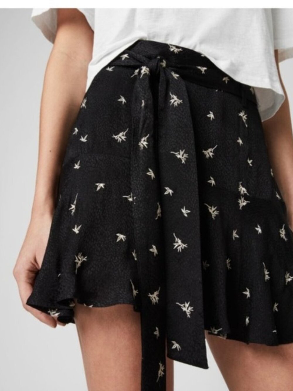 NWT All Saints Frida bamboo embroidered jacquard ruffle hem edgy tie belt skort